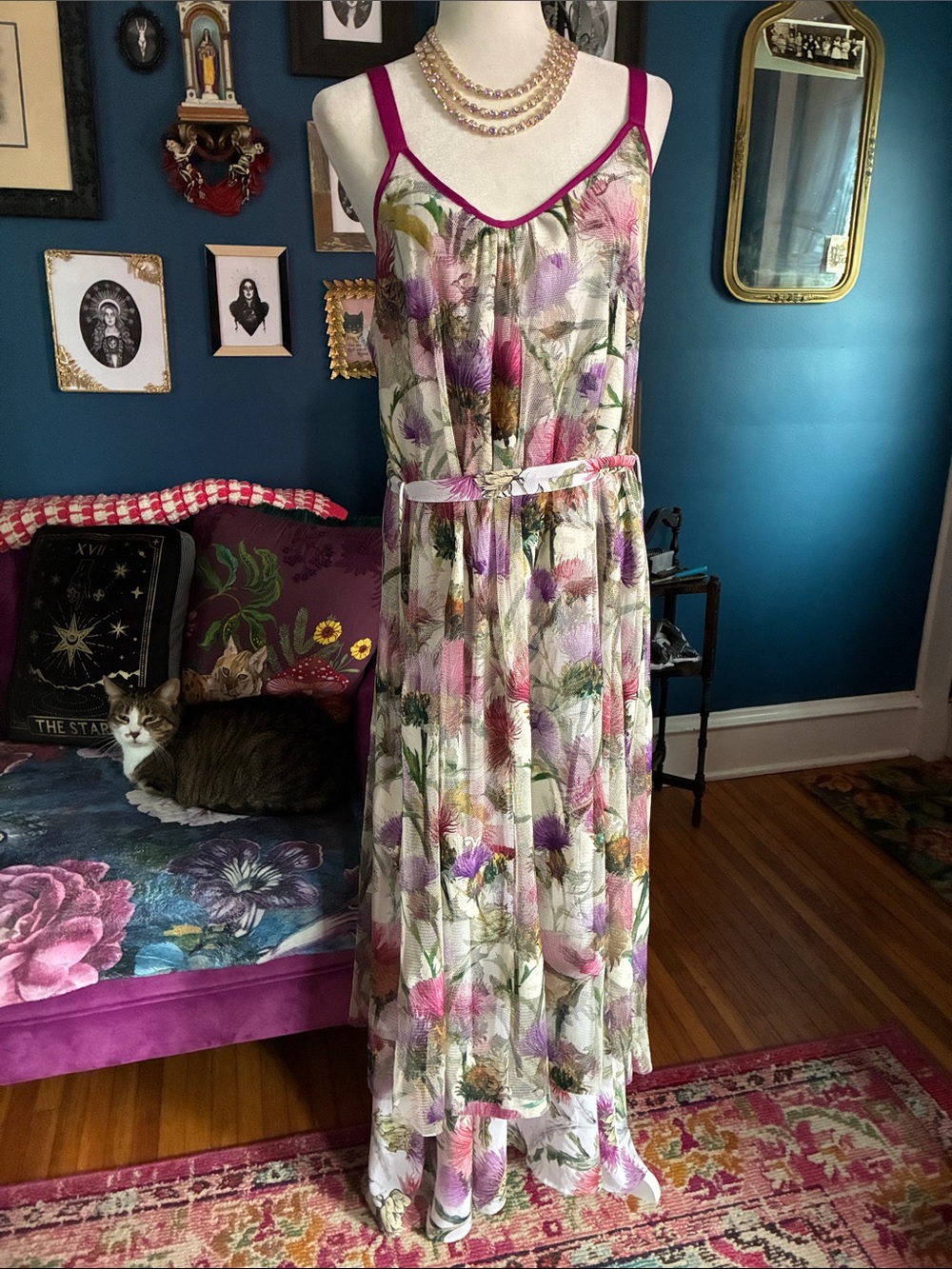 Aratta Floral Maxi Dress in Ivory with Pink Trim SAMPLE Unreleased